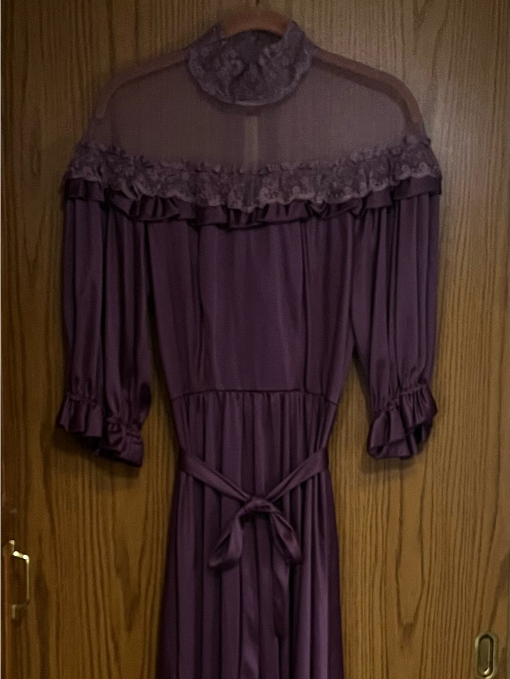 Plum Ruffle Lace High-Neck Maxi Dress With Tie Size 12 Vintage